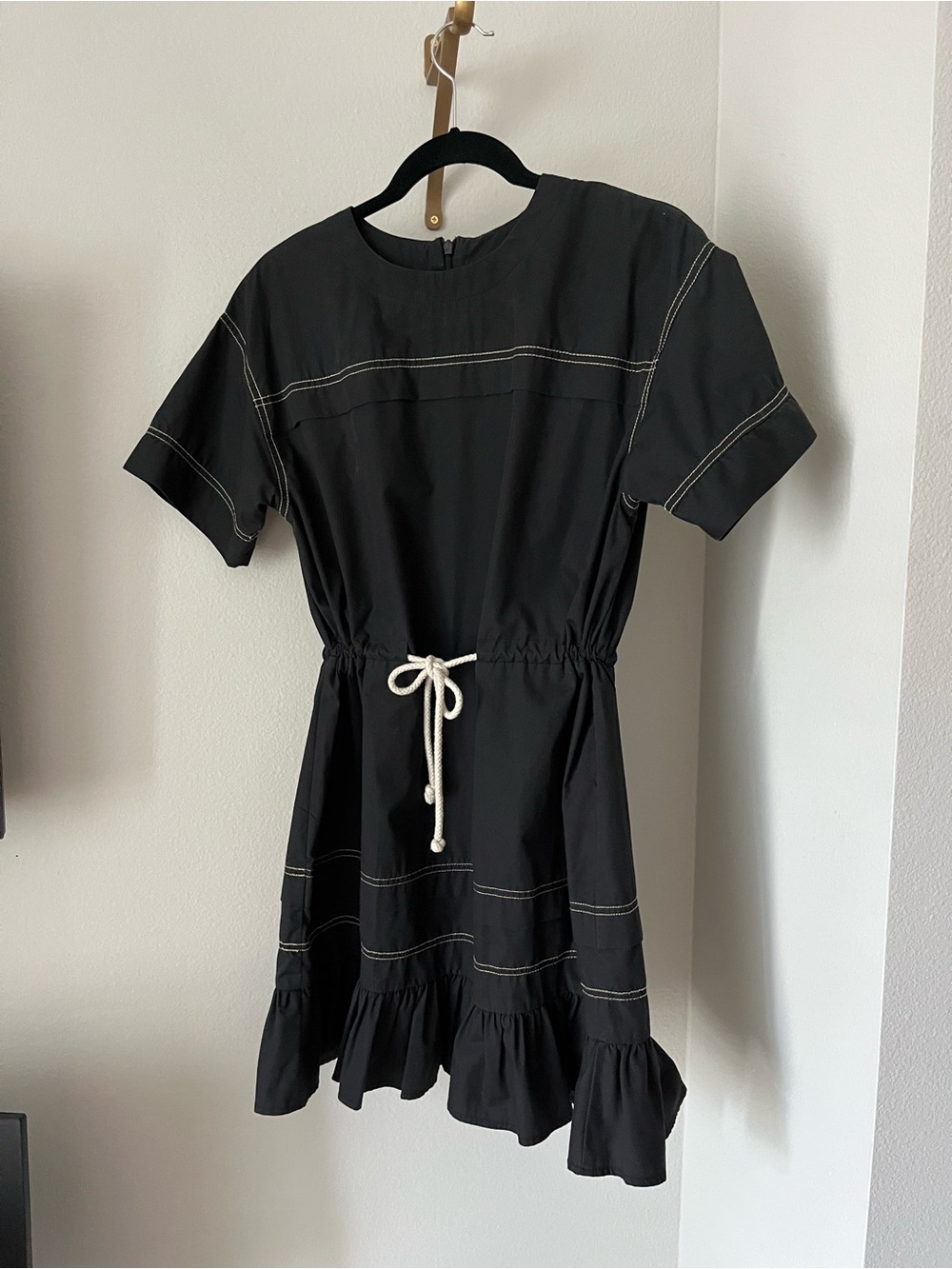 ASOS Black Short Sleeve Drawstring Waist Mini Dress with Contrast Stitching